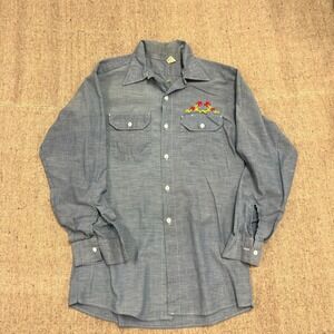 Vintage Wrangler Chambray Shirt Mens Medium Blue 1970s Long Sleeve Embroidered